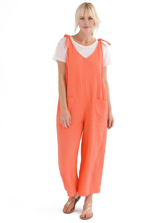 Women's Coral Orange Cotton Sleeveless Jumpsuit
