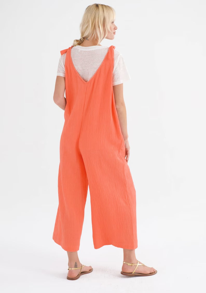 Women's Coral Orange Cotton Sleeveless Jumpsuit