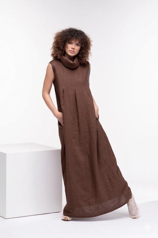 Women's Chocolate Brown Cotton Sleeveless Jumpsuit | Cowl Neck Maxi Wide Leg Summer Jumpsuit | Relaxed Fit Casual Dress | Sizes XS to 4XL