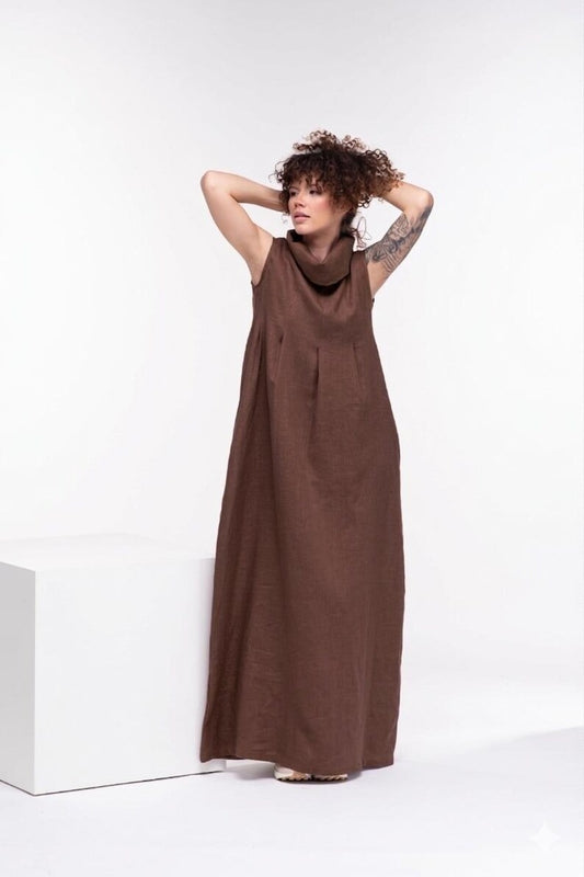 Women's Chocolate Brown Cotton Sleeveless Jumpsuit | Cowl Neck Maxi Wide Leg Summer Jumpsuit | Relaxed Fit Casual Dress | Sizes XS to 4XL
