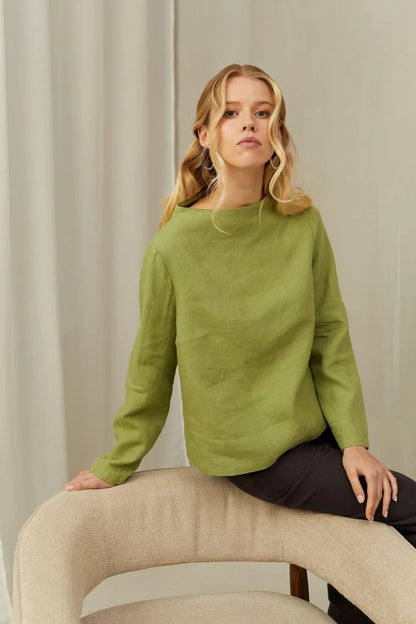 Women's Lime Green Cotton Long Sleeve Boat Neck Top