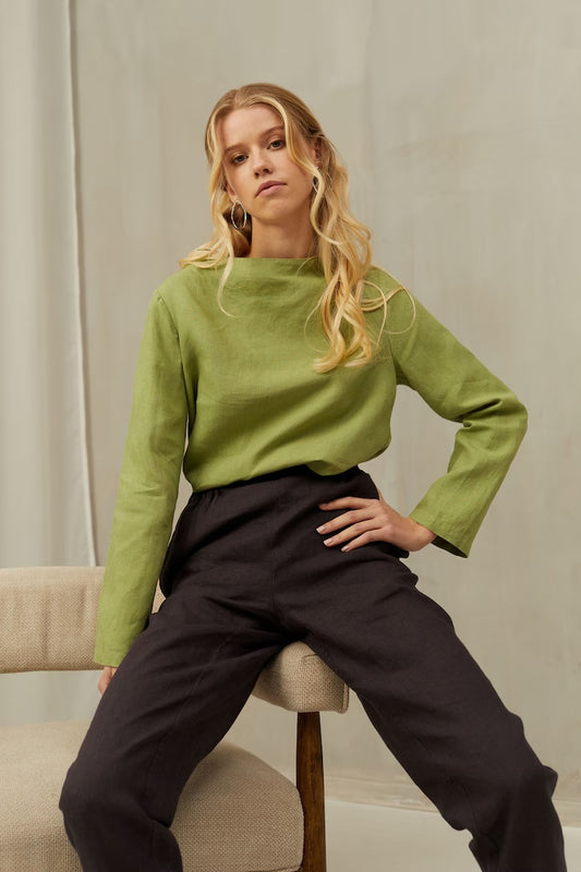 Women's Lime Green Cotton Long Sleeve Boat Neck Top | Relaxed Fit Casual Blouse | Lightweight Everyday Shirt | Sizes XS to 4XL