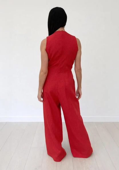 Women's Vibrant Red Cotton Sleeveless Wrap Jumpsuit