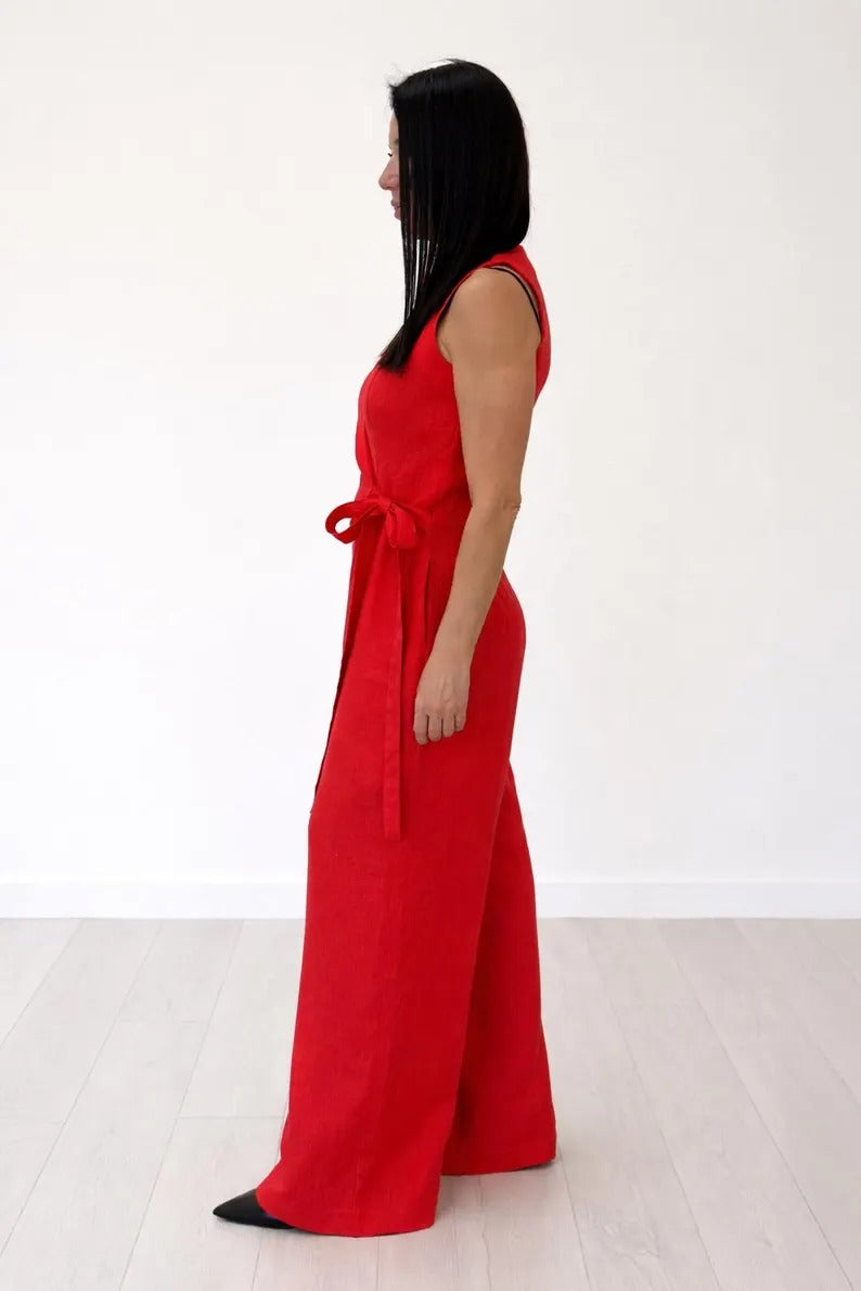 Women's Vibrant Red Cotton Sleeveless Wrap Jumpsuit