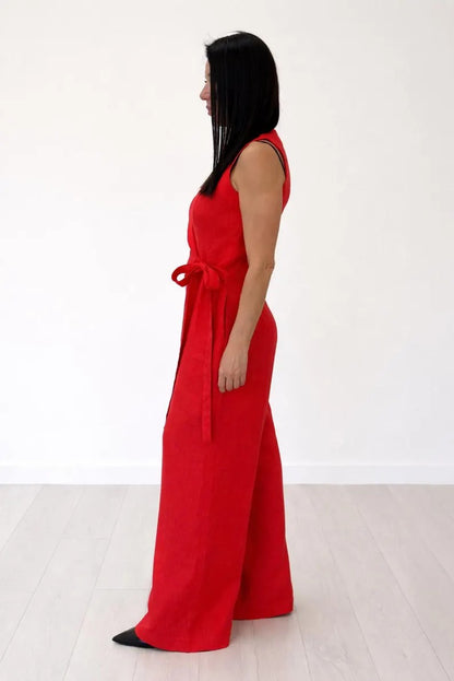 Women's Vibrant Red Cotton Sleeveless Wrap Jumpsuit