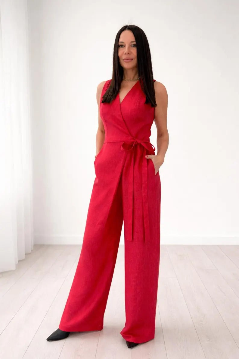 Women's Vibrant Red Cotton Sleeveless Wrap Jumpsuit