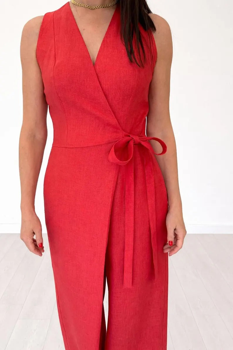 Women's Vibrant Red Cotton Sleeveless Wrap Jumpsuit