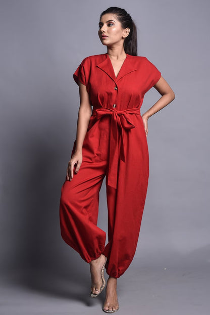 Women's Vibrant Red Cotton Short Sleeve Collared Jumpsuit | Button-Down Tie Belt Harem Pants Jumpsuit | Casual Summer Overalls | Sizes XS to 4XL