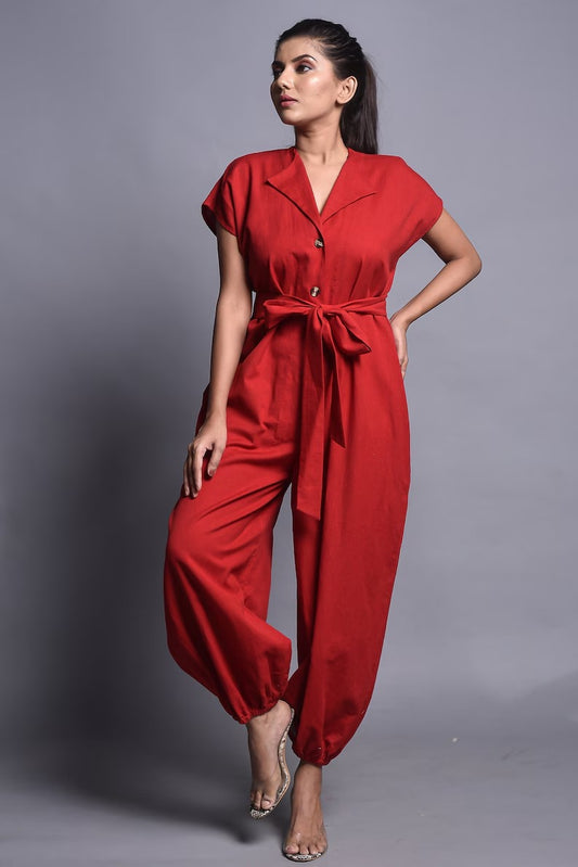 Women's Vibrant Red Cotton Short Sleeve Collared Jumpsuit | Button-Down Tie Belt Harem Pants Jumpsuit | Casual Summer Overalls | Sizes XS to 4XL