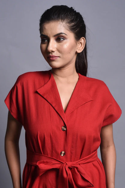 Women's Vibrant Red Cotton Short Sleeve Collared Jumpsuit | Button-Down Tie Belt Harem Pants Jumpsuit | Casual Summer Overalls | Sizes XS to 4XL