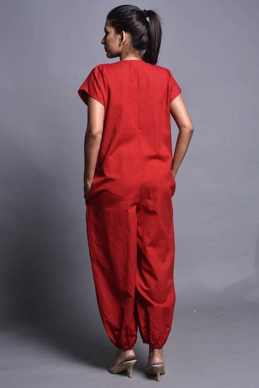 Women's Vibrant Red Cotton Short Sleeve Collared Jumpsuit | Button-Down Tie Belt Harem Pants Jumpsuit | Casual Summer Overalls | Sizes XS to 4XL