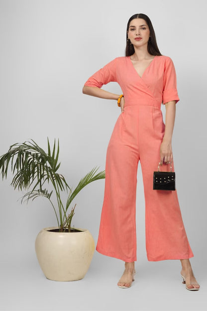Women's Coral Pink Cotton Wrap Jumpsuit