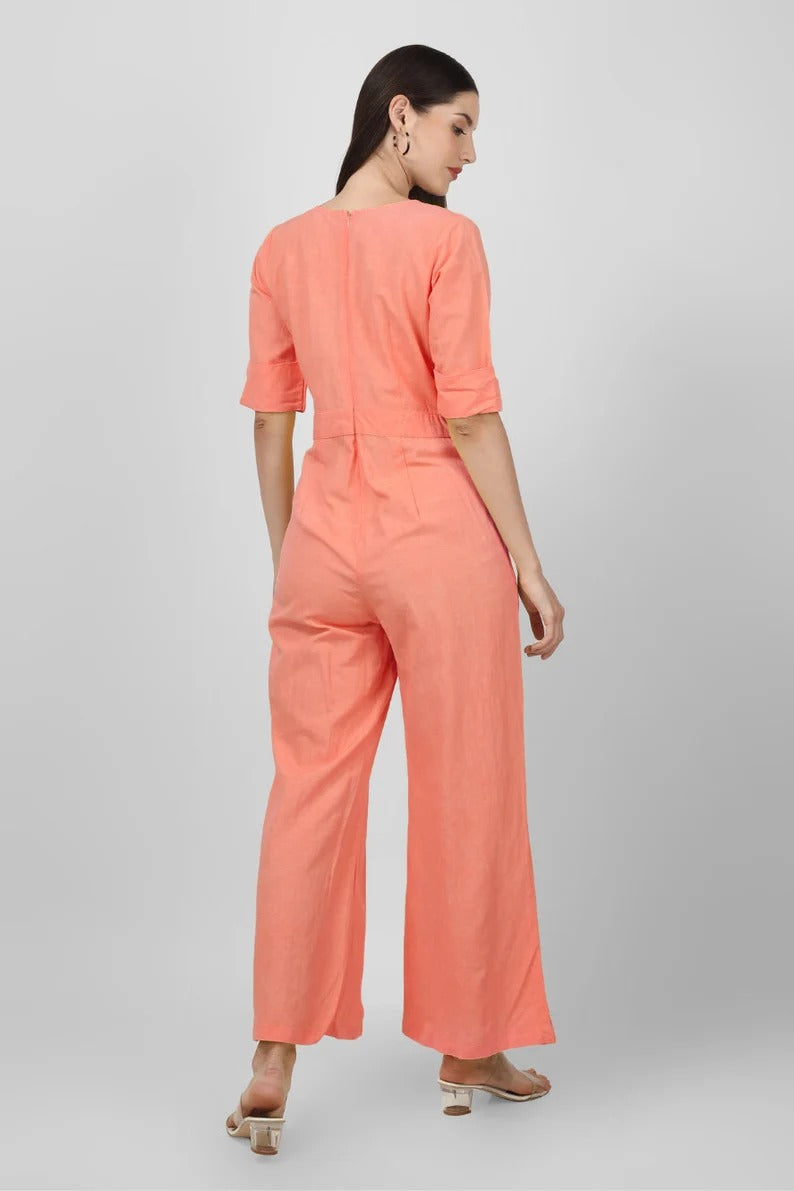 Women's Coral Pink Cotton Wrap Jumpsuit