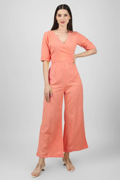 Women's Coral Pink Cotton Wrap Jumpsuit