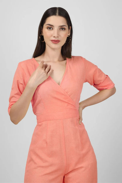 Women's Coral Pink Cotton Wrap Jumpsuit