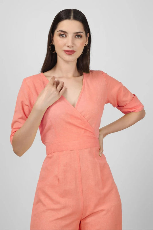 Women's Coral Pink Cotton Wrap Jumpsuit