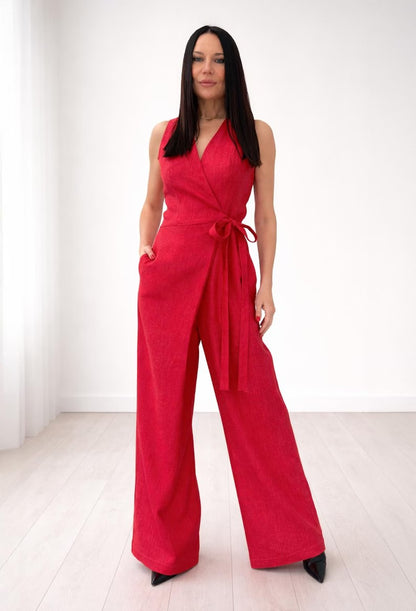 Women's Vibrant Red Cotton Sleeveless Wrap Jumpsuit