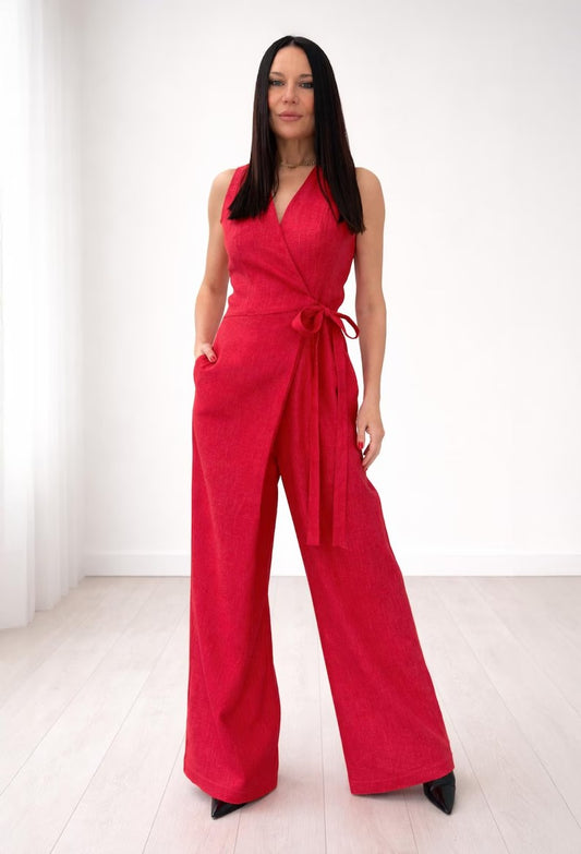 Women's Vibrant Red Cotton Sleeveless Wrap Jumpsuit