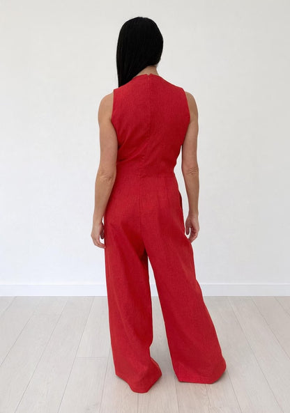 Women's Vibrant Red Cotton Sleeveless Wrap Jumpsuit