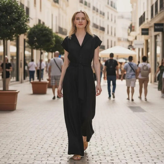 Women's Black Cotton Short Sleeve Wide Leg Jumpsuit | V-Neck Relaxed Summer Jumpsuit with Pockets | Sizes XS to 4XL
