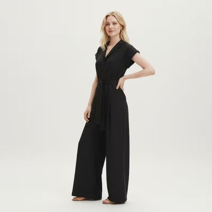 Women's Black Cotton Short Sleeve Wide Leg Jumpsuit | V-Neck Relaxed Summer Jumpsuit with Pockets | Sizes XS to 4XL