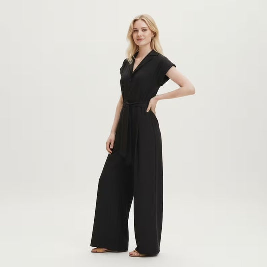 Women's Black Cotton Short Sleeve Wide Leg Jumpsuit | V-Neck Relaxed Summer Jumpsuit with Pockets | Sizes XS to 4XL