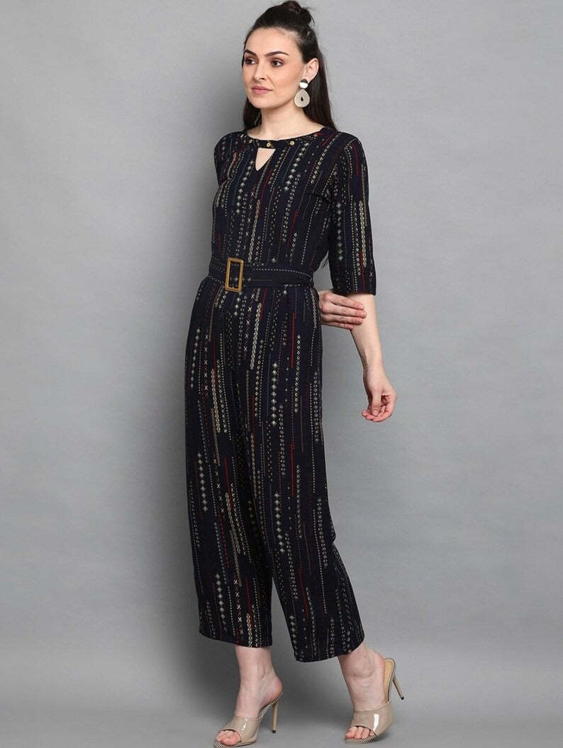 Women's Printed Cotton 3/4 Sleeve Wide Leg Jumpsuit | Relaxed Summer Palazzo Jumpsuit | Sizes XS to 4XL