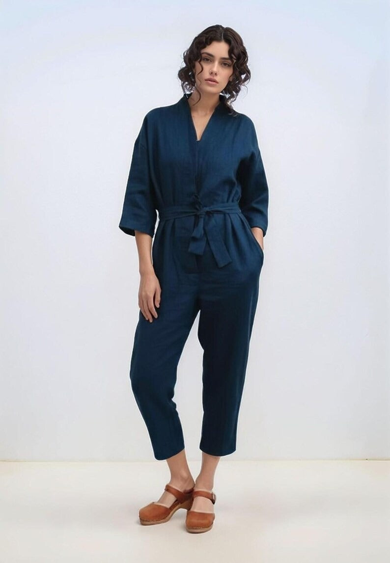 Women's Navy Blue Cotton Sleeveless Jumpsuit