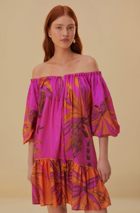 Vibrant Magenta Tropical Palm Print Off-Shoulder Cotton Mini Dress