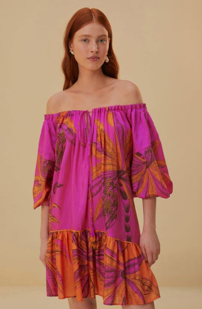 Vibrant Magenta Tropical Palm Print Off-Shoulder Cotton Mini Dress