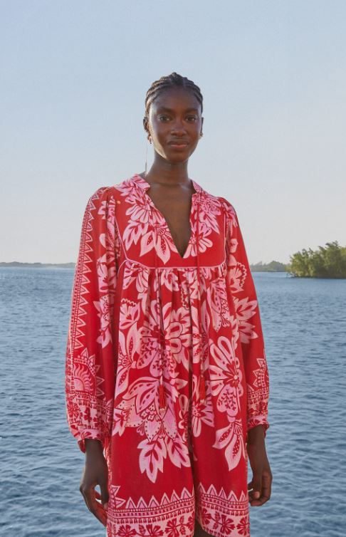 Red Floral Boho Puff Sleeve Cotton Mini Dress – Vacation Chic