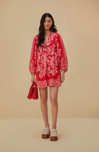 Red Floral Boho Puff Sleeve Cotton Mini Dress – Vacation Chic