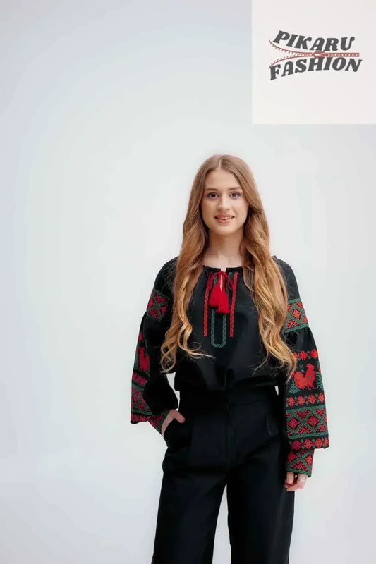 Black Ukrainian blouse with red and green rooster embroidery