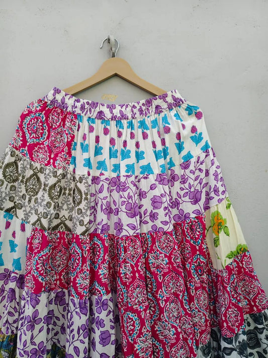 Patchwork Tiered Maxi Skirt | Colorful Boho Floral Skirt | Bohemian Flowy Long Skirt for Women