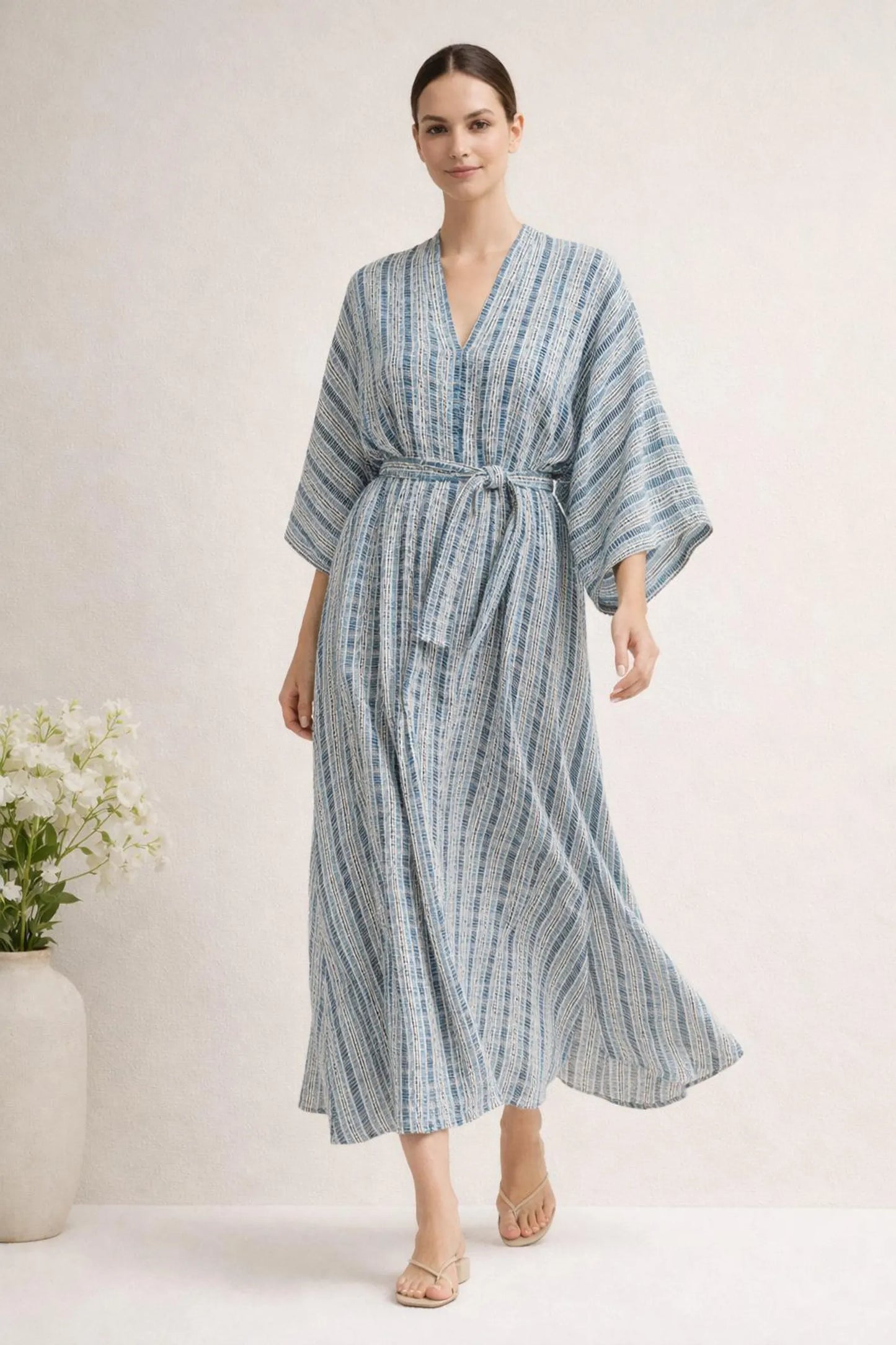 Striped Kimono Maxi Dress | Belted Flowy Resort Dress | Boho Beach Cover Up for Women