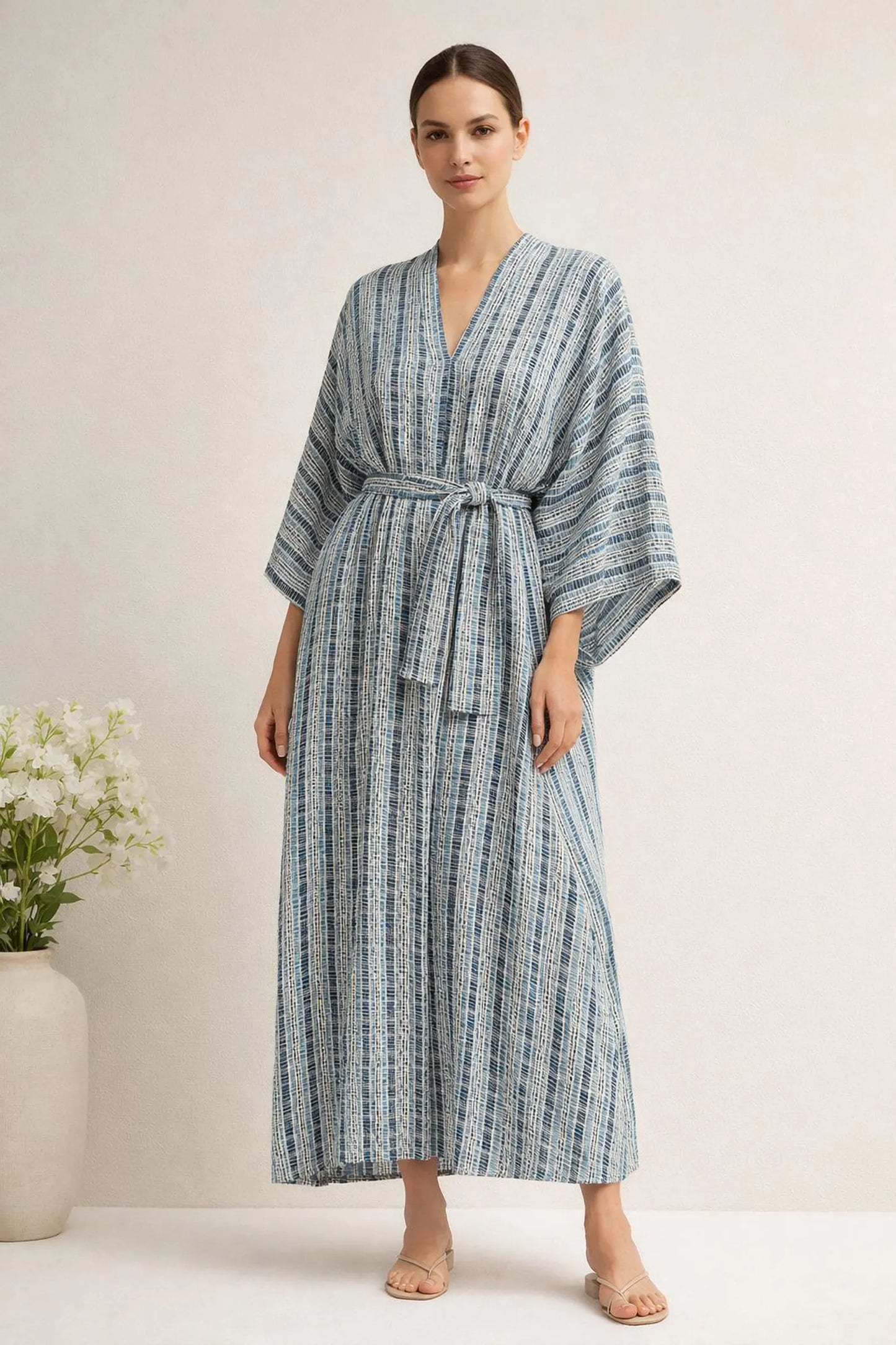 Striped Kimono Maxi Dress | Belted Flowy Resort Dress | Boho Beach Cover Up for Women