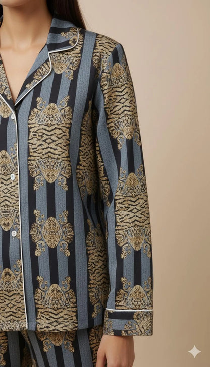 Tiger Stripe Printed Pajama Set | Luxury Satin Pajamas for Women | Boho Animal Print Loungewear