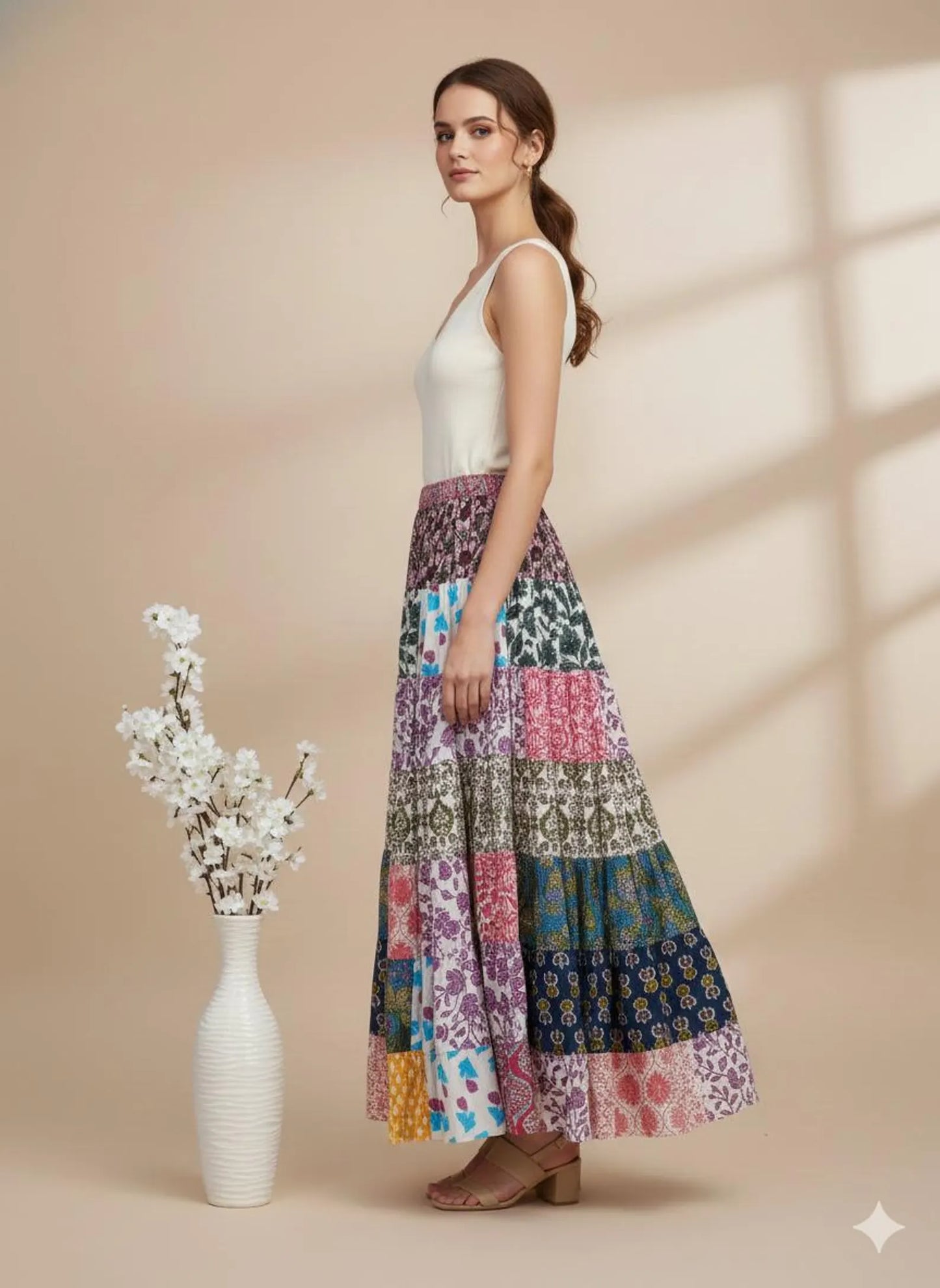 Patchwork Tiered Maxi Skirt | Colorful Boho Floral Skirt | Bohemian Flowy Long Skirt for Women
