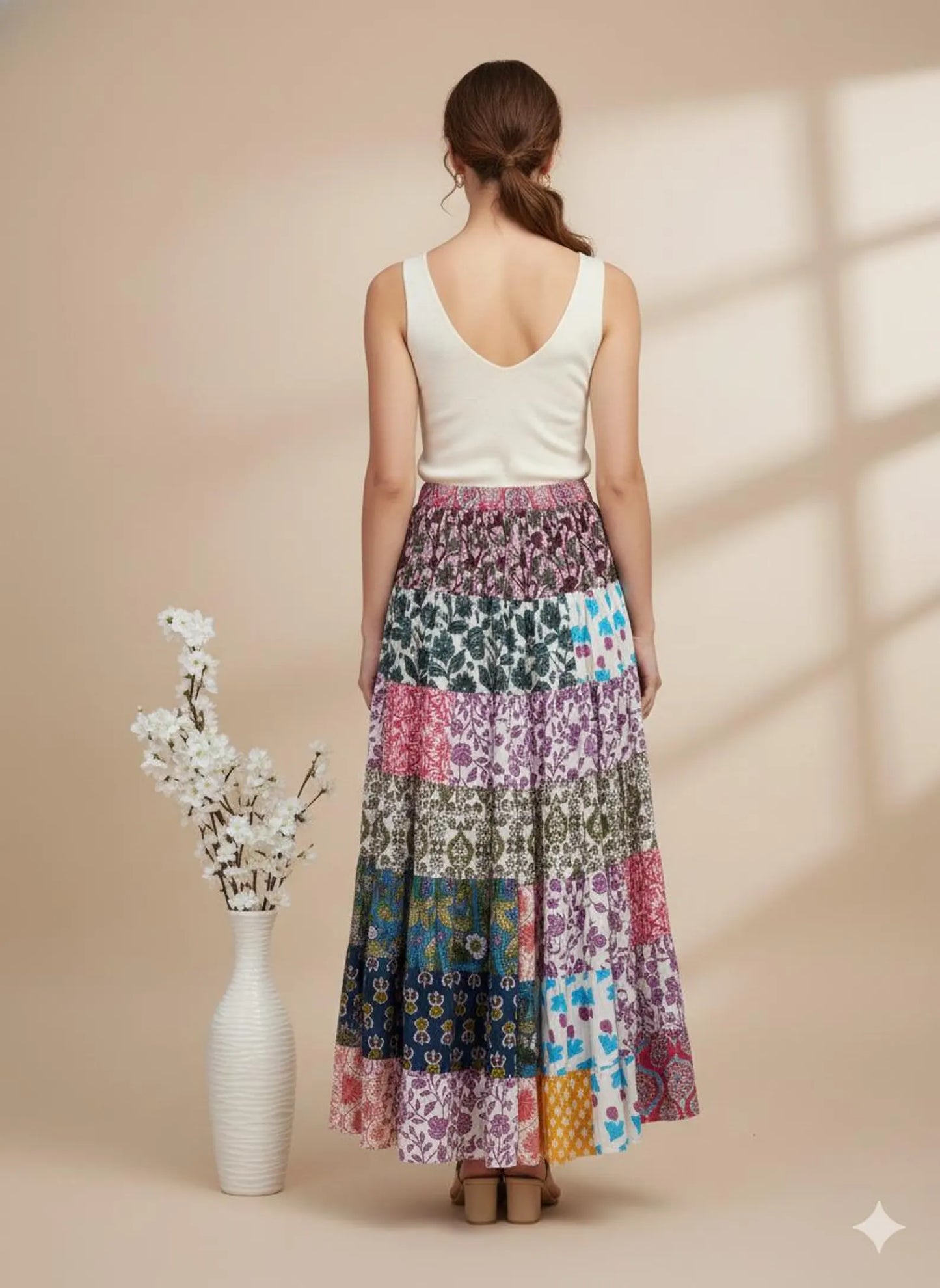 Patchwork Tiered Maxi Skirt | Colorful Boho Floral Skirt | Bohemian Flowy Long Skirt for Women