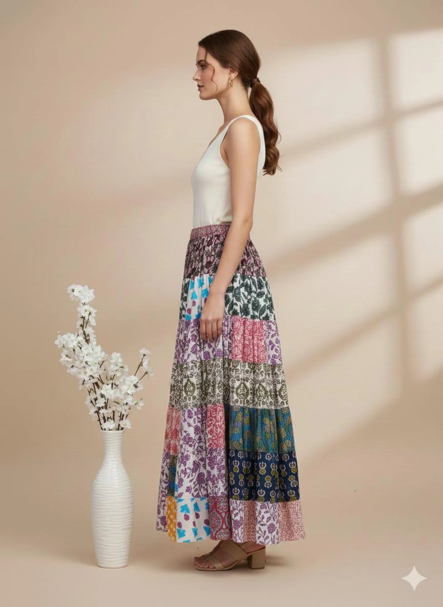 Patchwork Tiered Maxi Skirt | Colorful Boho Floral Skirt | Bohemian Flowy Long Skirt for Women
