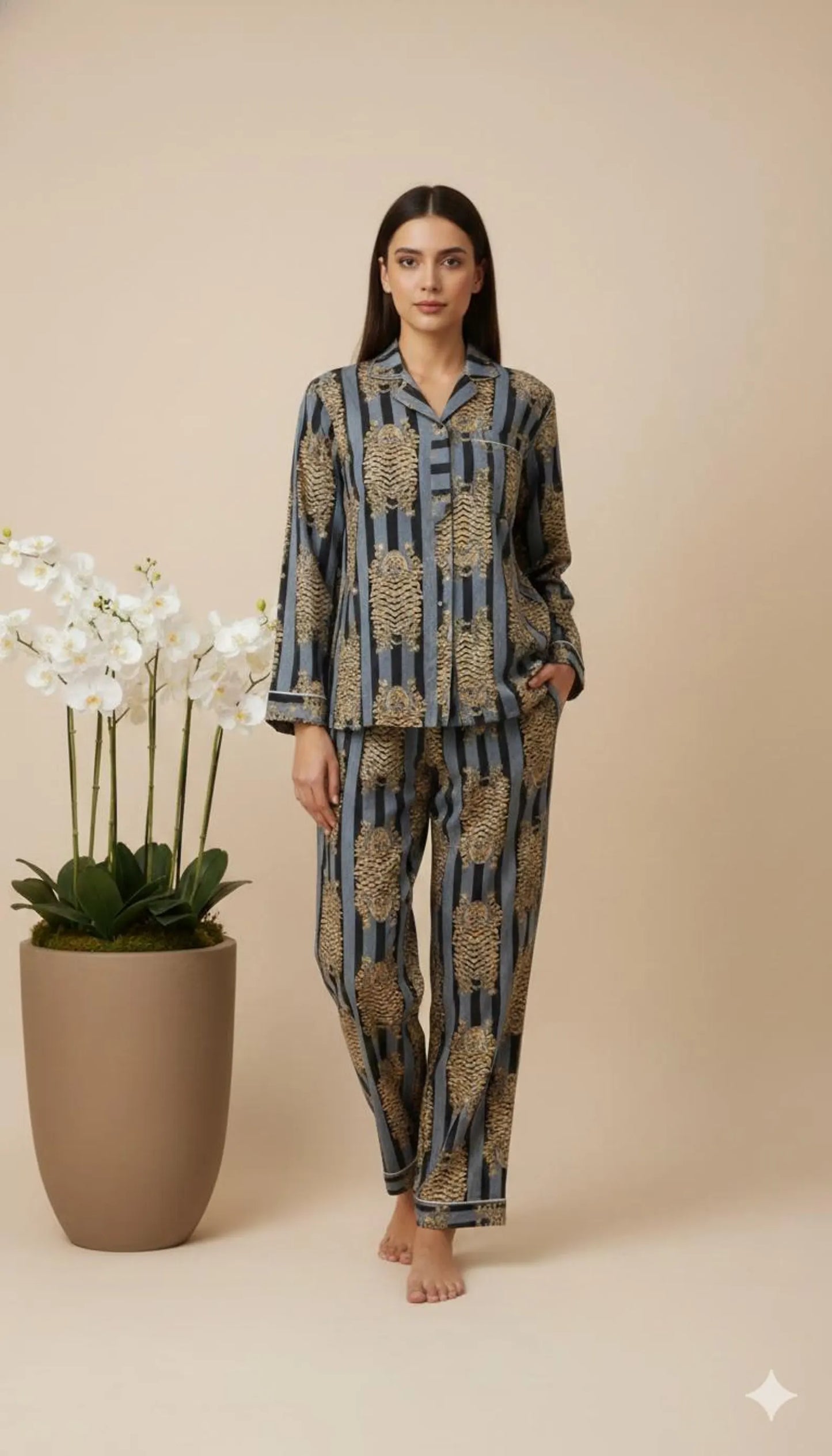 Tiger Stripe Printed Pajama Set | Luxury Satin Pajamas for Women | Boho Animal Print Loungewear