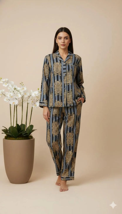 Tiger Stripe Printed Pajama Set | Luxury Satin Pajamas for Women | Boho Animal Print Loungewear