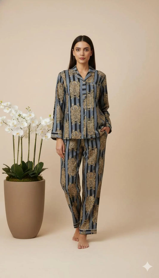 Tiger Stripe Printed Pajama Set | Luxury Satin Pajamas for Women | Boho Animal Print Loungewear