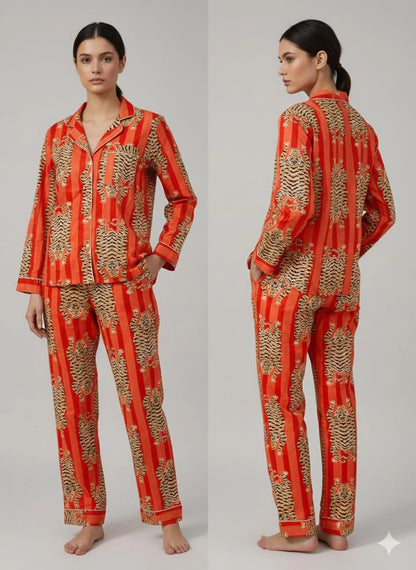 Tiger Stripe Printed Pajama Set | Luxury Satin Pajamas for Women | Boho Animal Print Loungewear