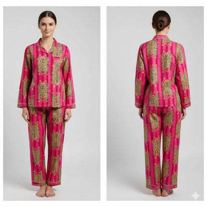 Tiger Stripe Printed Pajama Set | Luxury Satin Pajamas for Women | Boho Animal Print Loungewear