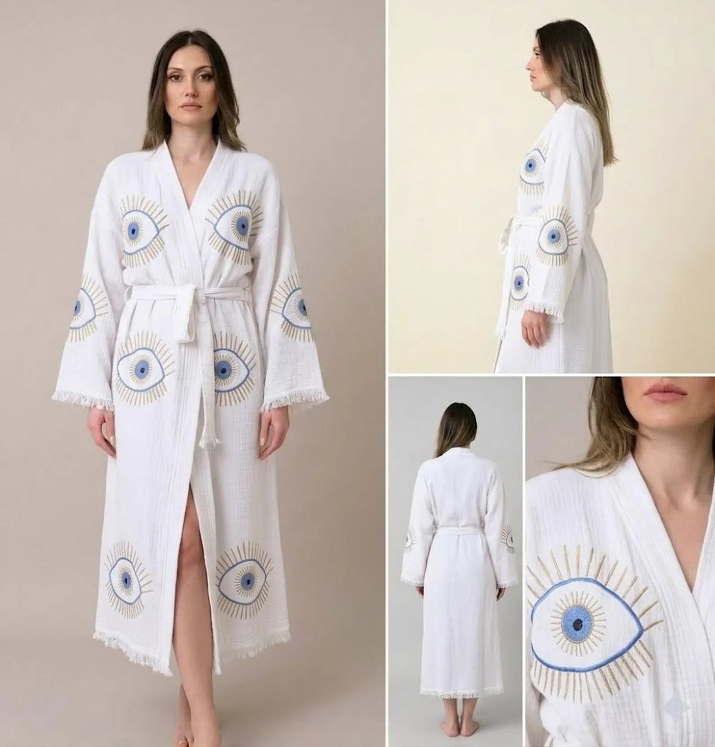 Evil Eye Embroidered Kimono Robe | Long Bohemian Beach Cover Up | Spiritual Protection Robe for Women
