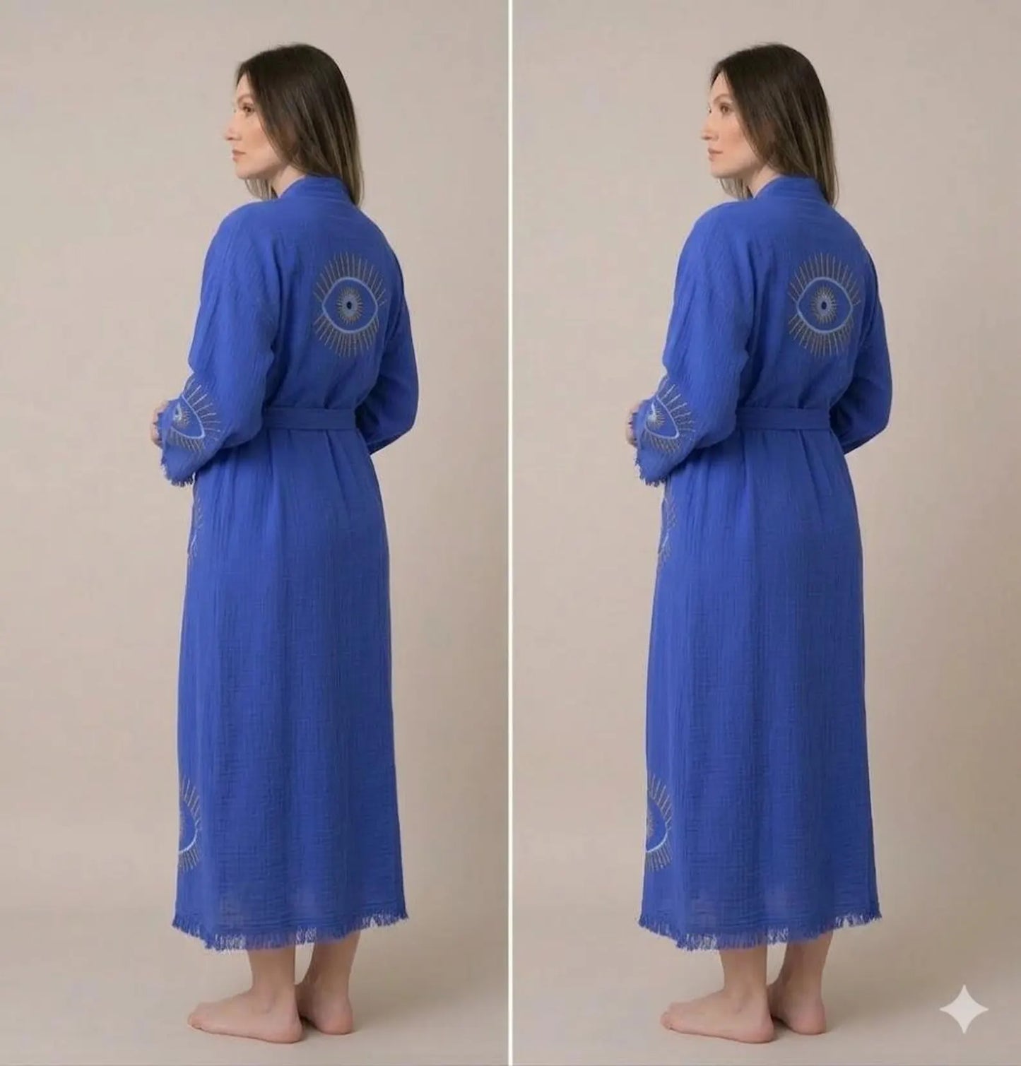 Evil Eye Embroidered Kimono Robe | Long Bohemian Beach Cover Up | Spiritual Protection Robe for Women