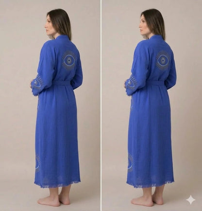 Evil Eye Embroidered Kimono Robe | Long Bohemian Beach Cover Up | Spiritual Protection Robe for Women