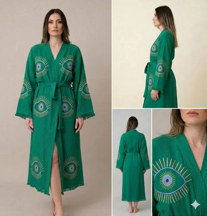 Evil Eye Embroidered Kimono Robe | Long Bohemian Beach Cover Up | Spiritual Protection Robe for Women