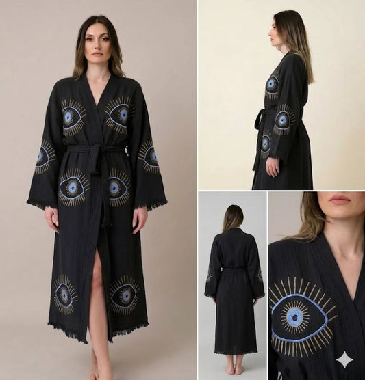 Evil Eye Embroidered Kimono Robe | Long Bohemian Beach Cover Up | Spiritual Protection Robe for Women